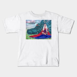 Dragon and princess "Misty's Castle" by Renee Lavoie Kids T-Shirt